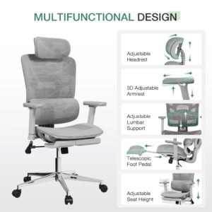 Novilla Ergonomic Office Chair, Adjustable Headrest with 3D Armrest, Office Chair with Adjustable Lumbar Support, Retractable Footrest, Mesh Office Chair High Back Gaming Chair, Grey