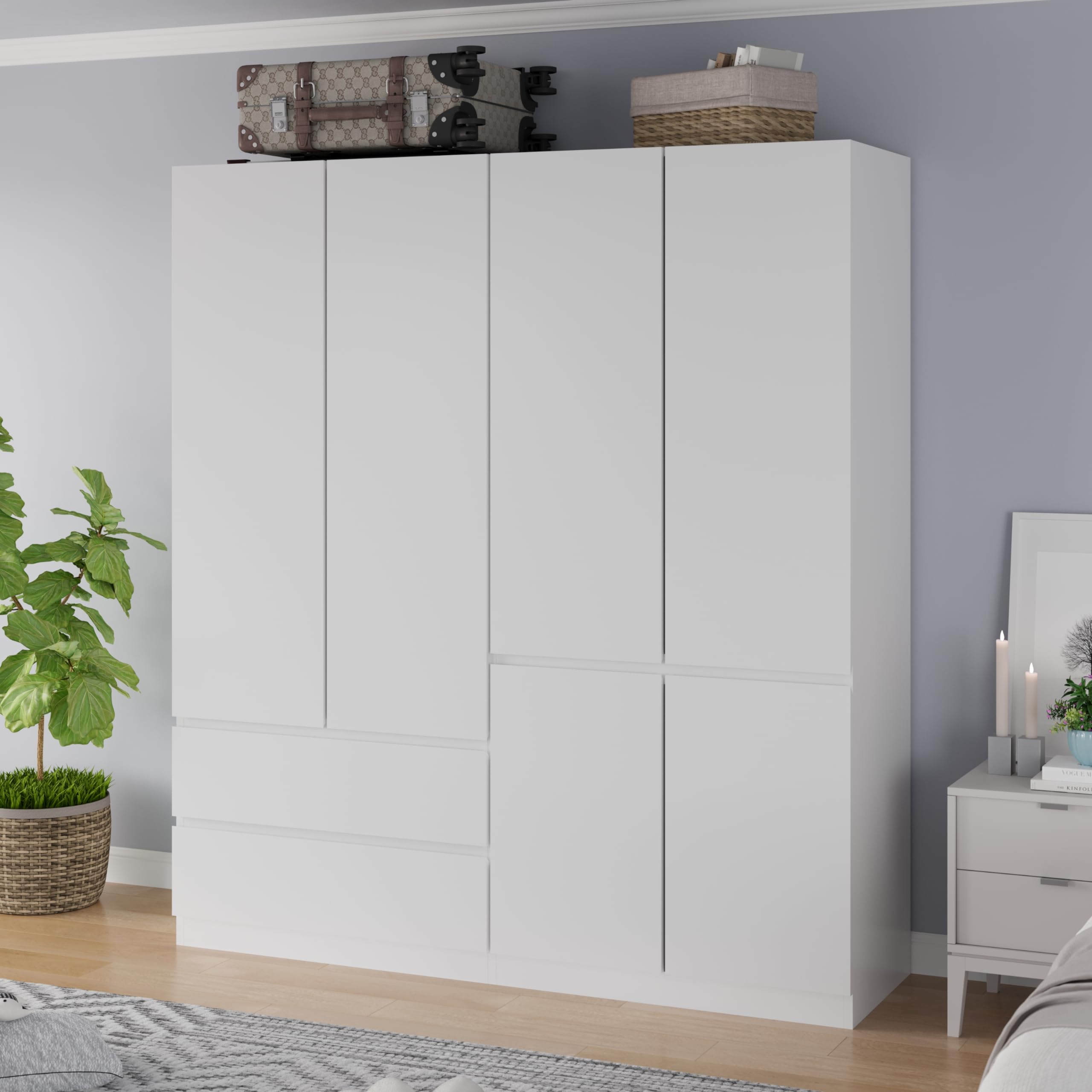 Mekminop Armoire Wardrobe Closet with Drawers and Doors, 4 Door 2 Drawers White Bedroom Armoires Wooden Wardrobe with Shelves and Hanging Rod, 20.39" D x 63" W x 78.74" H