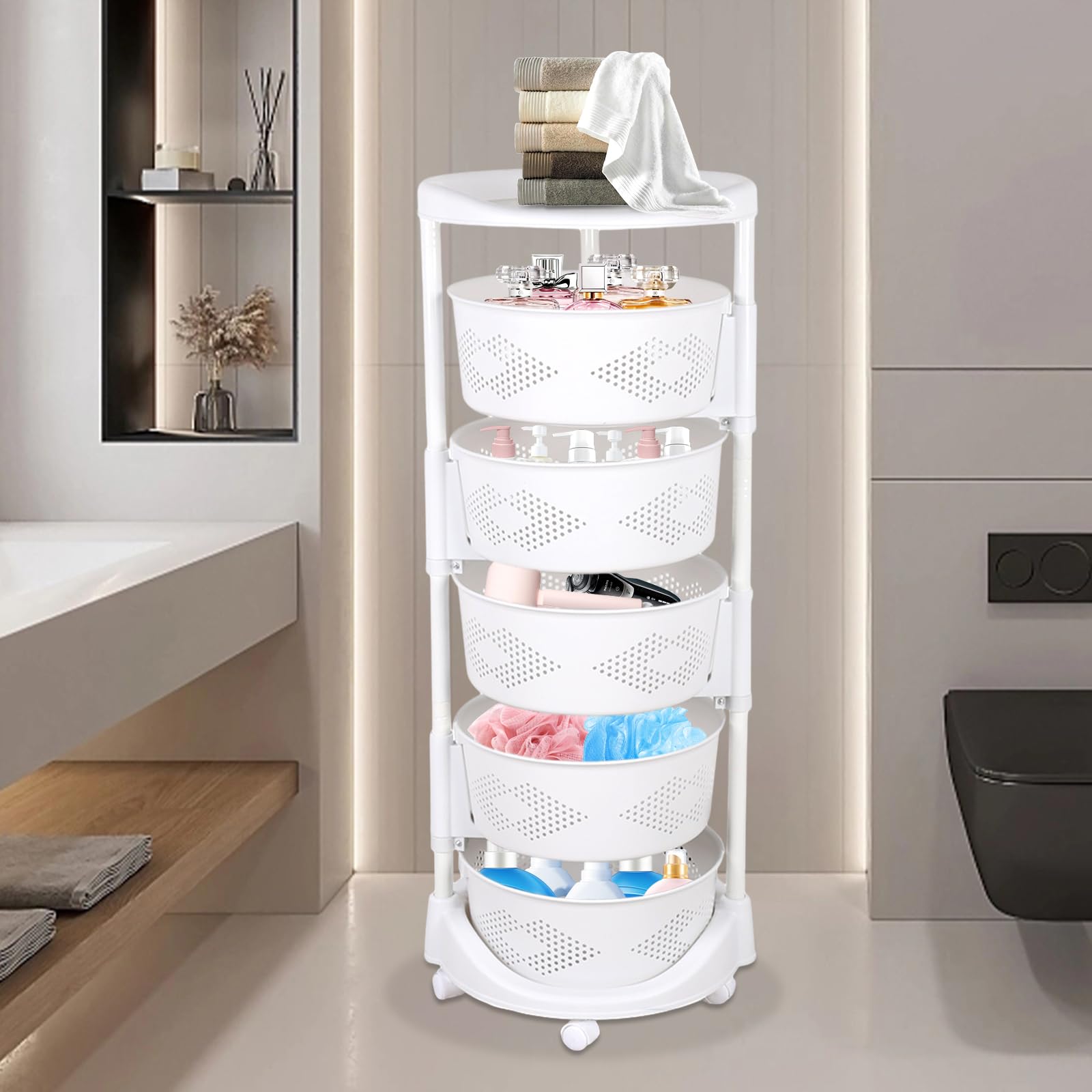 QIUTMER Rotating Storage Rack 5 Tiers Round Rotating Fruit and Vegetable Basket Kitchen Storage Rack with Universal Wheels White for Living Room Kitchen Laundry Room Craft Room Bathroom