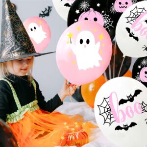 Happy Halloween Balloons, Halloween Pink White and Black Latex Balloons with Cute Ghost, Pink Pumpkin, Black Bat Designs for Halloween Party Favors, Baby Shower, Halloween Birthday Party Decorations