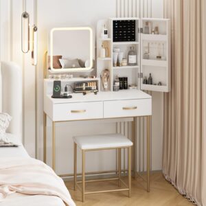 Fameill Vanity Desk with Mirror and Lights, White Makeup Table and Chair Set with 2 Storage Drawers&Cabinet&Shelves, Small Vanity Desk for Bedroom, 3 Lighting Mode