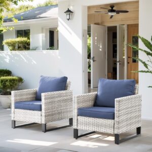 hummuh outdoor chairs pe wicker patio dining chairs set of 2 metal frame porch chairs with 4 inch seat blue cushions