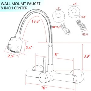 ZHYICH Kitchen Sink Faucet Wall Mount 8 Inch Center with Sprayer, Stainless Steel Mixer Tap, Nickel Brushed Unility Sink Faucet, NSF