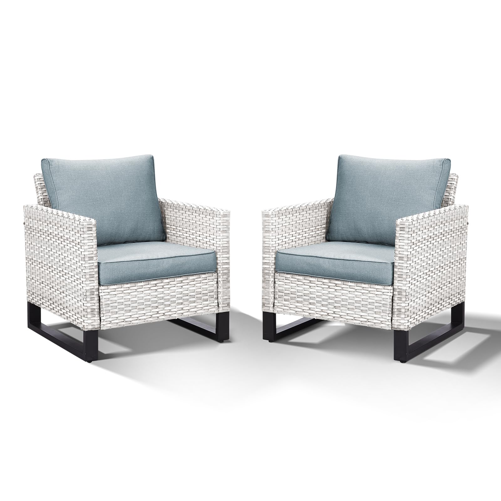 HUMMUH Outdoor Chairs PE Wicker Patio Dining Chairs Set of 2 Metal Frame Porch Chairs with 4 inch Seat Light Blue Cushions