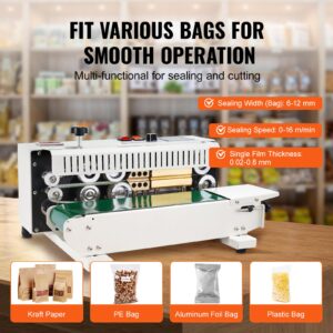 VEVOR Continuous Bag Band Sealing Machine, 0.24-0.47 in/6-12 mm Seal Width, Horizontal Band Sealer Machine with Digital Temperature Control, Bag Sealer for 0.02-0.8 mm Plastic Bags with Count Function