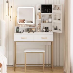 fameill vanity desk with mirror and lights, white makeup table and chair set with 2 storage drawers&cabinet&shelves, small vanity desk for bedroom, 3 lighting mode