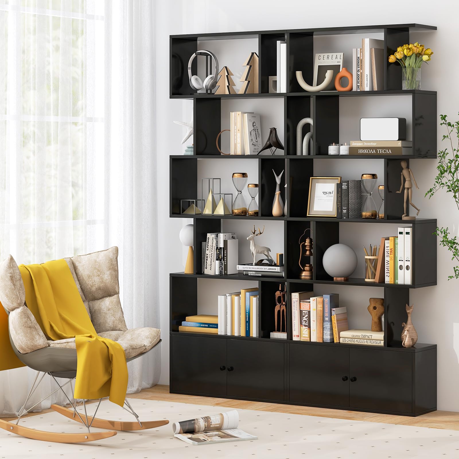 SILKYDRY 6-Tier Geometric Bookcase with Cabinet, 72 Inch Freestanding Room Divider Bookshelf, S-Shaped Open Display Book Shelf for Bedroom, Modern Bookcases with Doors and Shelves (2, Black)