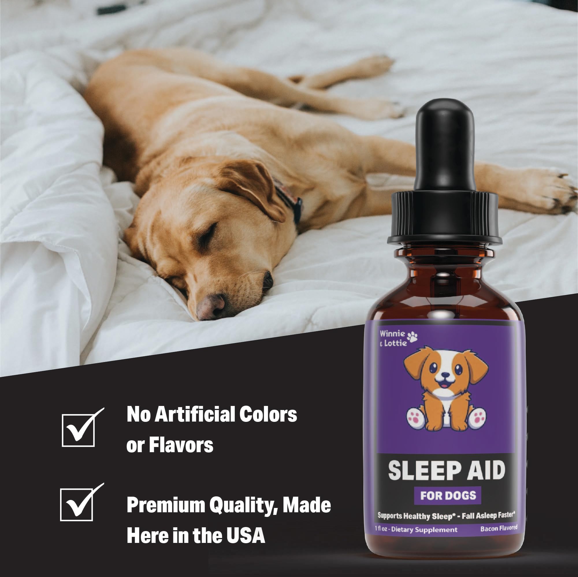 Winnie & Lottie Natural Dog Sleep Aid | Sleep Aid for Dogs | Dog Melatonin | Promotes Deep, Restful Sleep in Dogs | Melatonin for Dogs | Dog Anxiety Relief | Calming for Dogs | Dog Calming | 1 fl oz