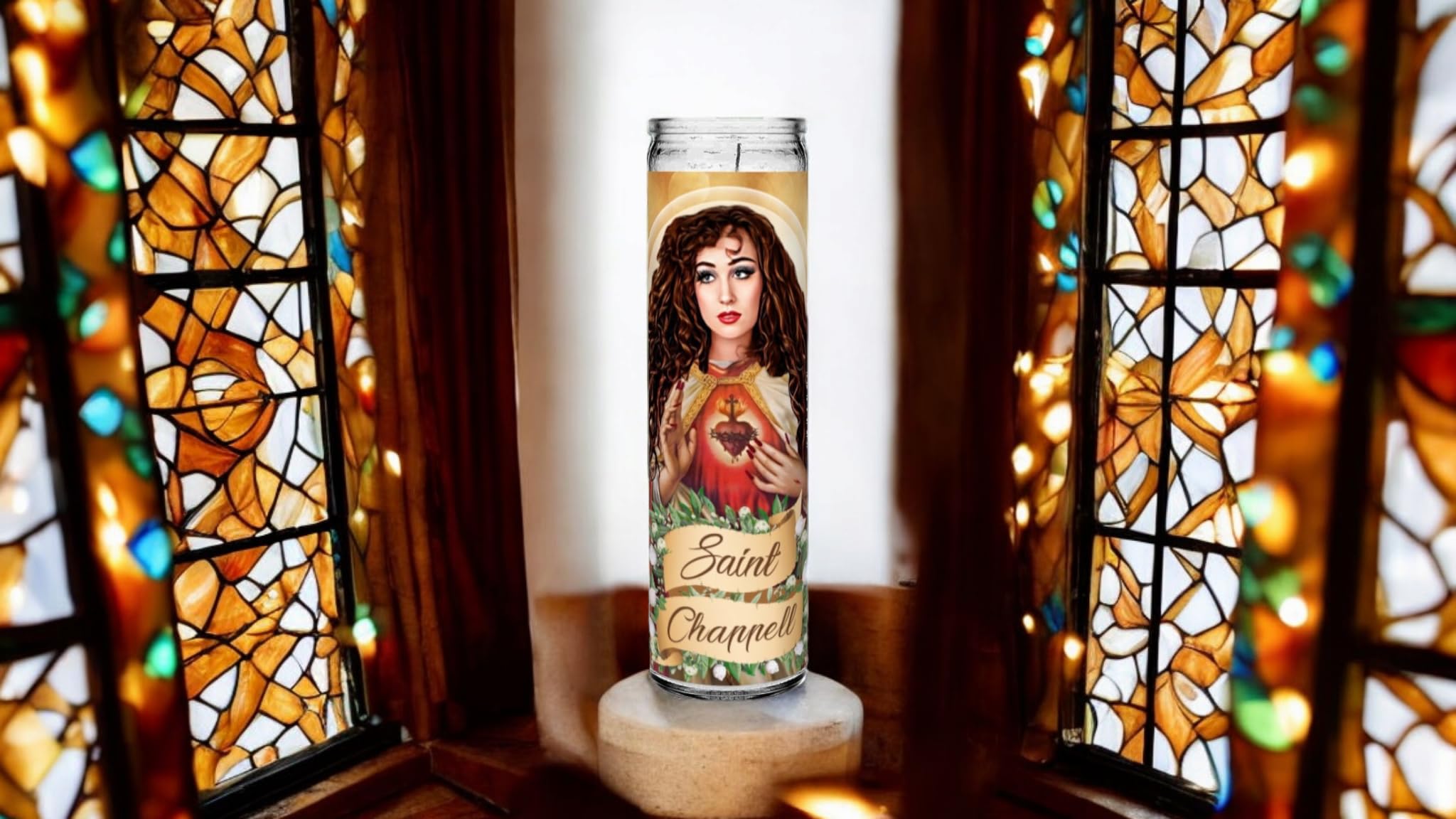 Saint Chappell Roan Celebrity Prayer Devotional Parody Altar Candle, 8" white unscented