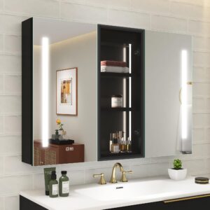 28"x40" black-led-medicine-cabinet-mirror-for-bathroom-with-sockets, medicine cabinet with 3 color adjustment dimmable and anti-fog, medicine cabinet with lighted storage window & adjustable shelf