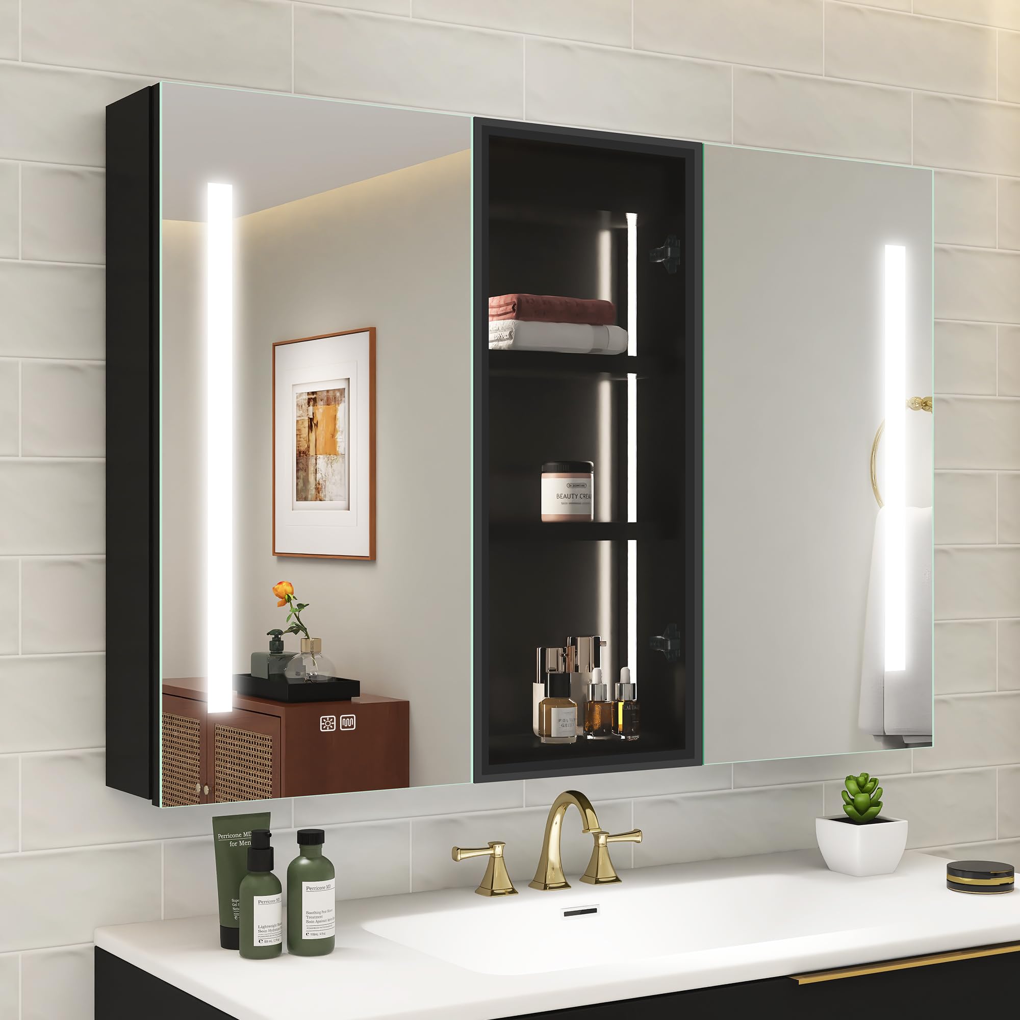 28"x40" Black-LED-Medicine-Cabinet-Mirror-for-Bathroom-with-Sockets, Medicine Cabinet with 3 Color Adjustment Dimmable and Anti-Fog, Medicine Cabinet with Lighted Storage Window & Adjustable Shelf