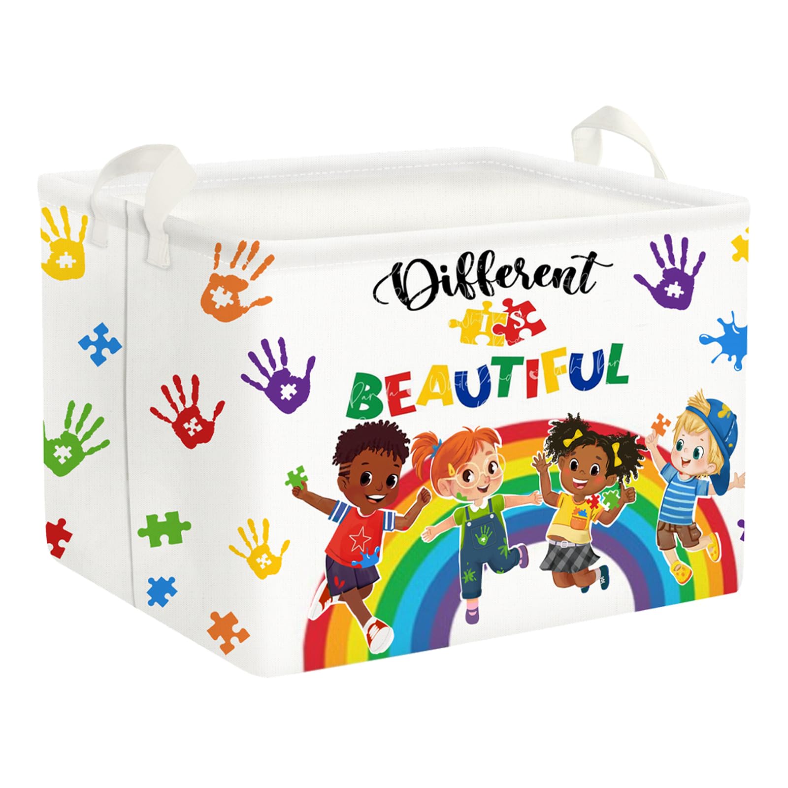 Clastyle Rainbow Baby Laundry Hamper Kid Storage Basket Boy Girl Gift Toy Box Graffiti Handprints Large Clothes Organizer Nursery Bin for Bedroom, (Colorful 36L)