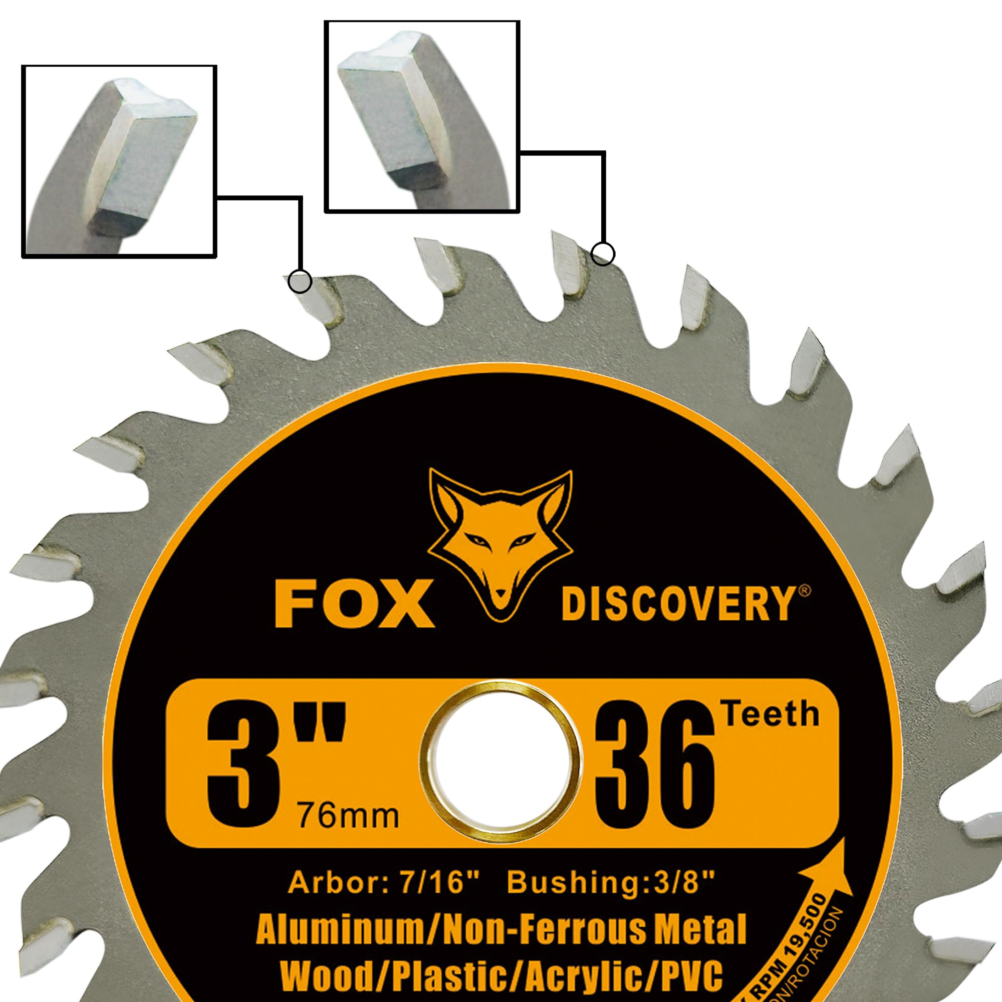 Fox Discovery 3 Inch 36T Circular Saw Blade Compatible with Dremel Saw-MAX, DeWalt, RotoZip Saws, Rigid 3" Multi-Material Saw, Cuts for Woods, Plastic, PCV, Acrylic, Aluminum, 7/16" Arbor - 3 Pack