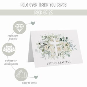 Rustic Elegance Thank You Cards with Envelopes (25 Pack) All Occasion Notecards Perfect for Baptism, Funeral, Religious Ceremonies, Sympathy - White Floral with Cross & Greenery Folded Stationery Set