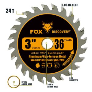 Fox Discovery 3 Inch 36T Circular Saw Blade Compatible with Dremel Saw-MAX, DeWalt, RotoZip Saws, Rigid 3" Multi-Material Saw, Cuts for Woods, Plastic, PCV, Acrylic, Aluminum, 7/16" Arbor - 3 Pack