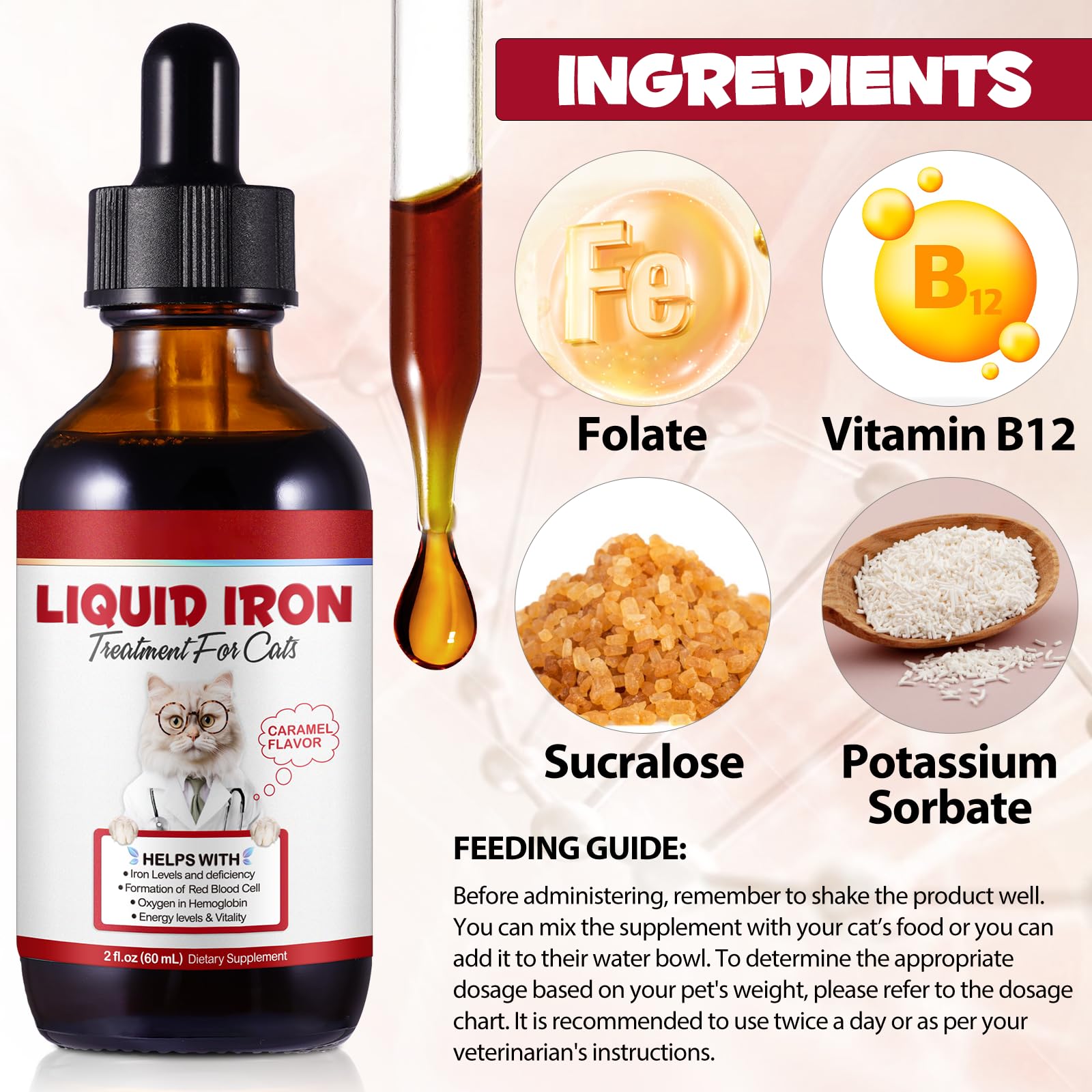 Iron Supplements for Cats, 60ML Liquid Iron with Folate and B12 Supports Anemia, Low Enery Levels and Lethargy, Promotes Red Blood Cell Formation and Blood Health