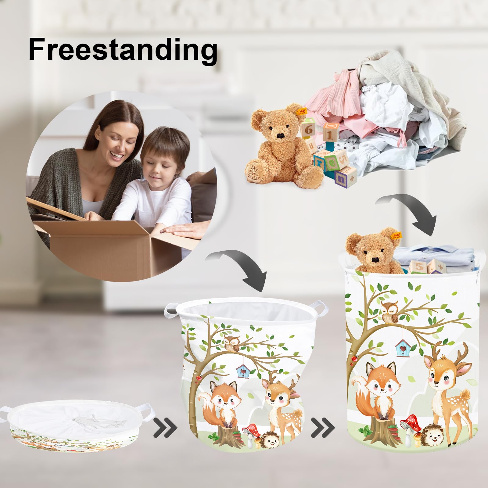 Clastyle 45L Large Forest Animal Kid Laundry Hamper with Handle for Boy Girl Collapsible White Fox Clothes Toy Storage Basket with Lid for Nursery