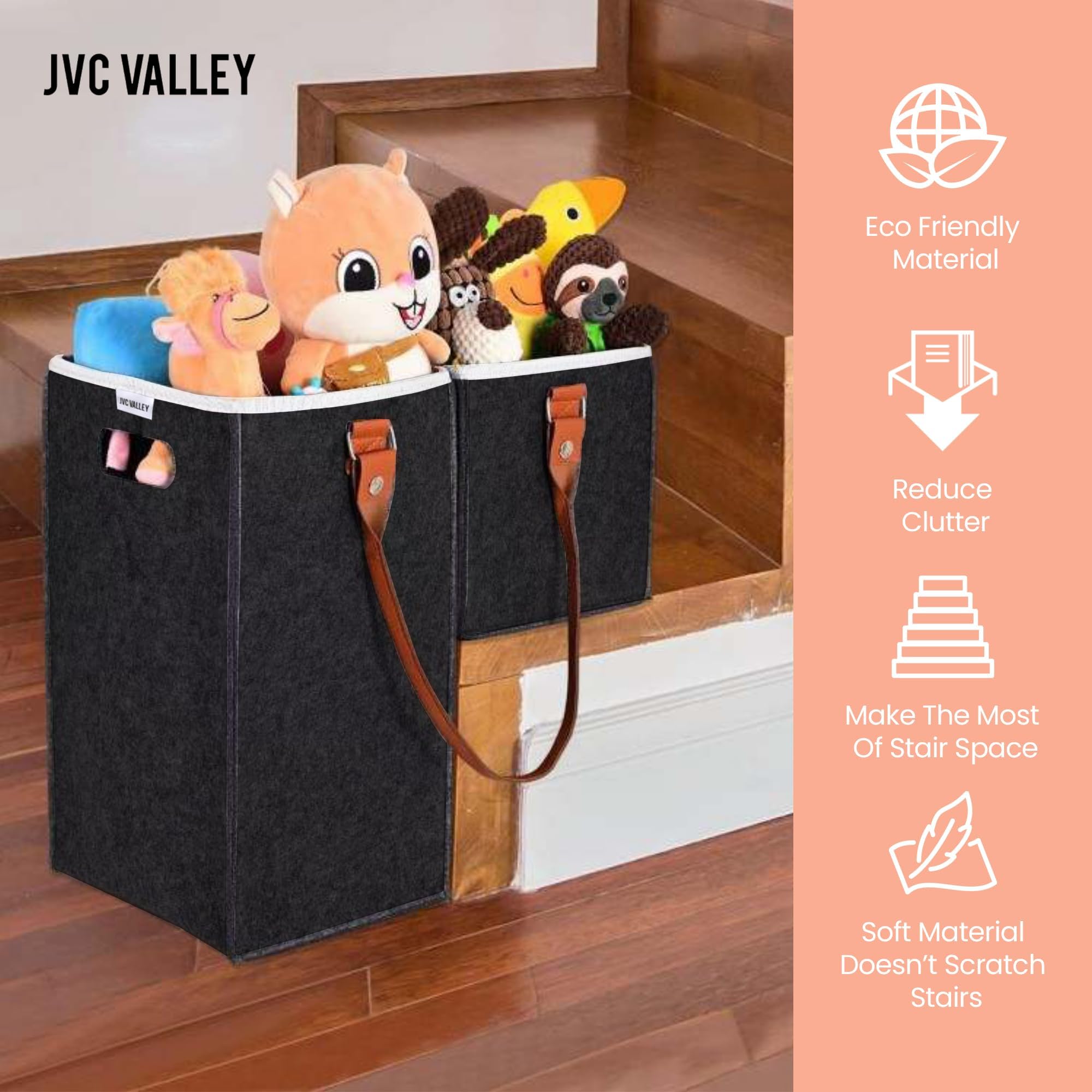 JVC Valley Detachable Felt Stair Basket for Wooden and Carpet Stairs| 8.5” Step Sturdy Storage Organizer with Removable Leather Straps for Home, Laundry, and Office - Dark Grey