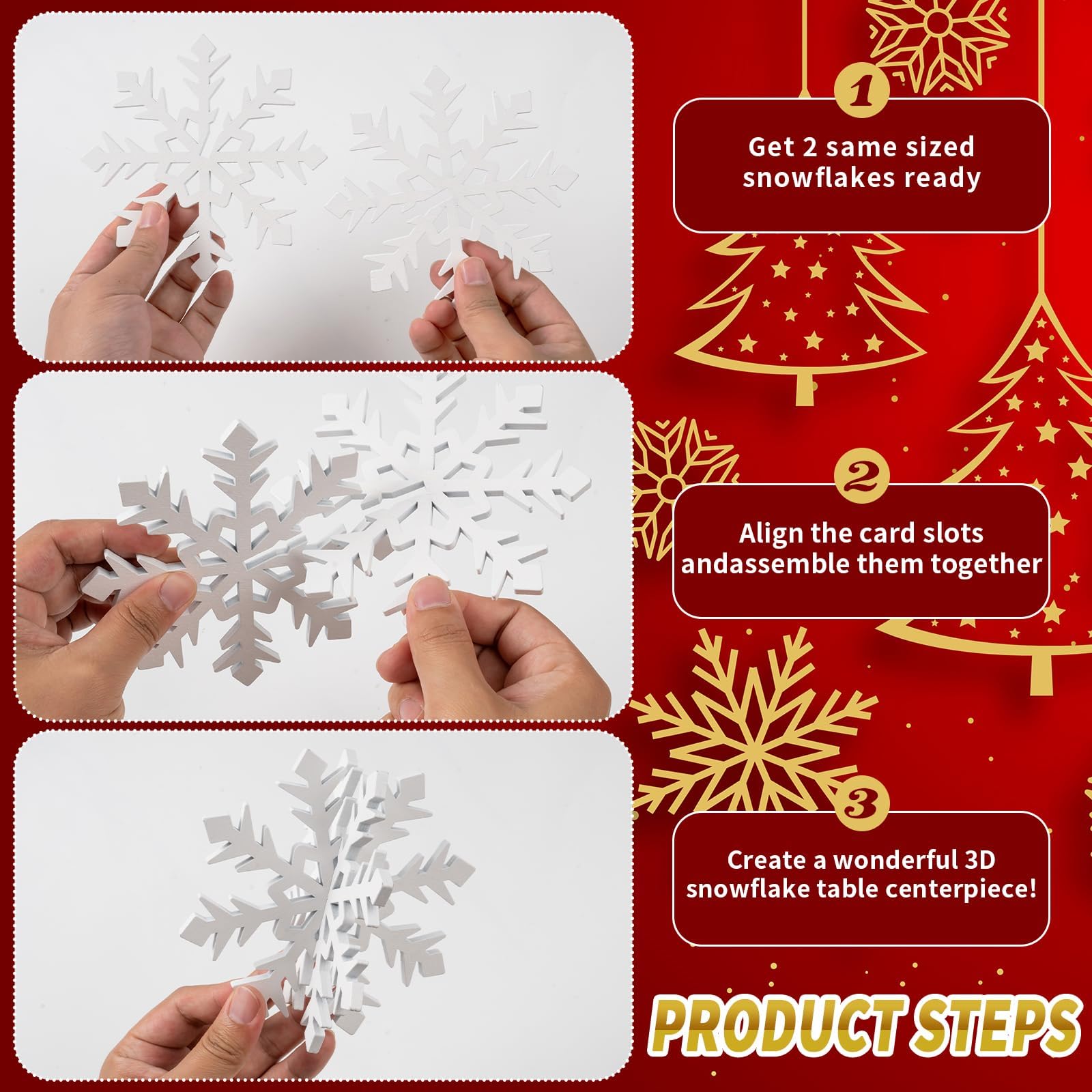 OuMuaMua 12 Set Winter Christmas Centerpiece Table Decorations - 24pcs Wooden Snowflakes Decor 3D White Snowflake Tabletop Decor for Xmas Holiday Tiered Tray Desk Winter Farmhouse Home Decor