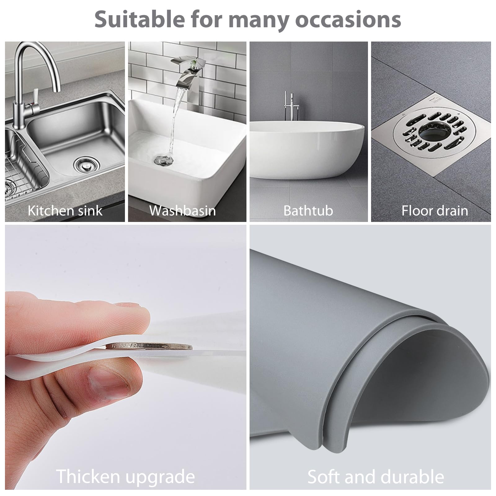 Tub Stopper Silicone Floor Drain Anti-Odor Mat, 5.9 inch Drain Plug Hair Stopper Flat, Bathtub Stoppers Flat Bathtub Drain Cover, Bathroom Accessories, Sink Cover- 2 Pack, Gray