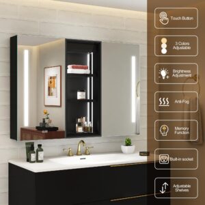 28"x40" Black-LED-Medicine-Cabinet-Mirror-for-Bathroom-with-Sockets, Medicine Cabinet with 3 Color Adjustment Dimmable and Anti-Fog, Medicine Cabinet with Lighted Storage Window & Adjustable Shelf