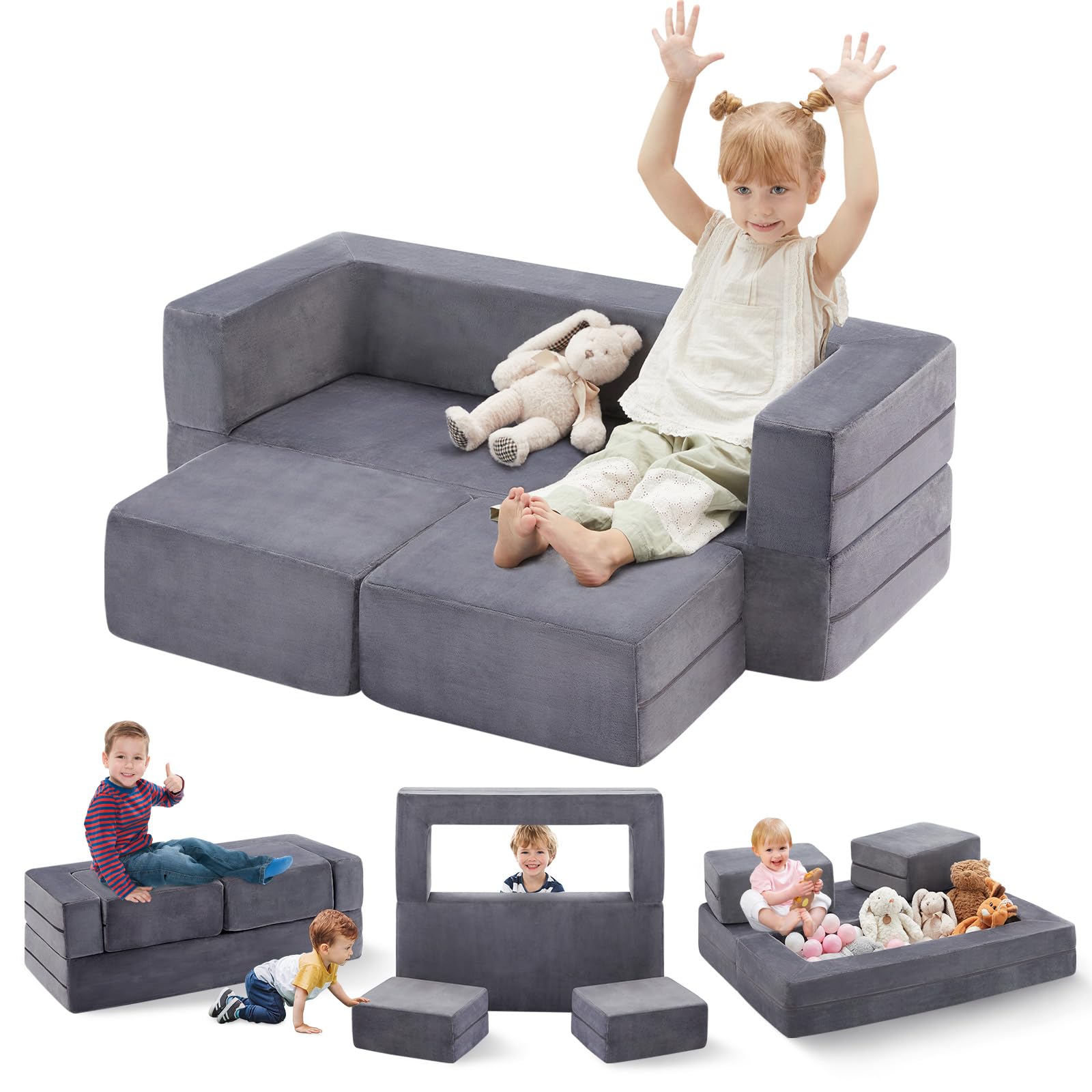 KIDZSOF Kids Couch & Kid Sofa, Toddler Couch Fold Out, Toddler Chairs Comfy, Modular Kids Play Couch for Playroom, Kids Furniture Couch, Child Couch, Convertible Children Couch, Grey