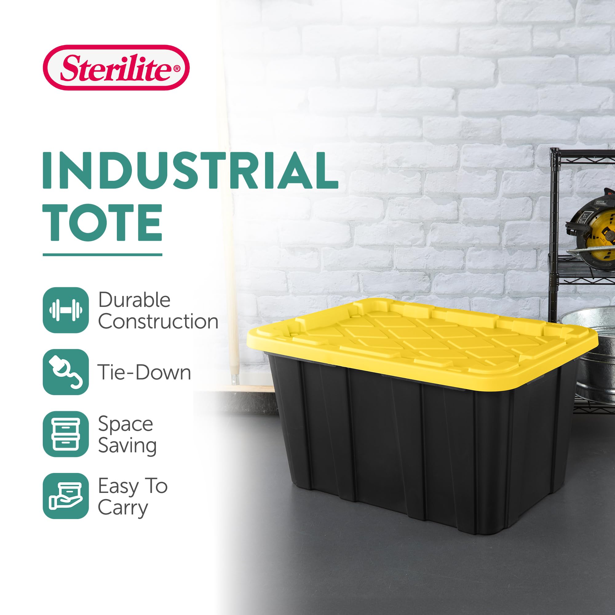 Sterilite 27 Gallon Industrial Stackable Storage Tote Snap-Fit Lidded Home Garage Organization Container with Carrying Handles, 6 Pack, Black/Yellow