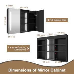 28"x40" Black-LED-Medicine-Cabinet-Mirror-for-Bathroom-with-Sockets, Medicine Cabinet with 3 Color Adjustment Dimmable and Anti-Fog, Medicine Cabinet with Lighted Storage Window & Adjustable Shelf