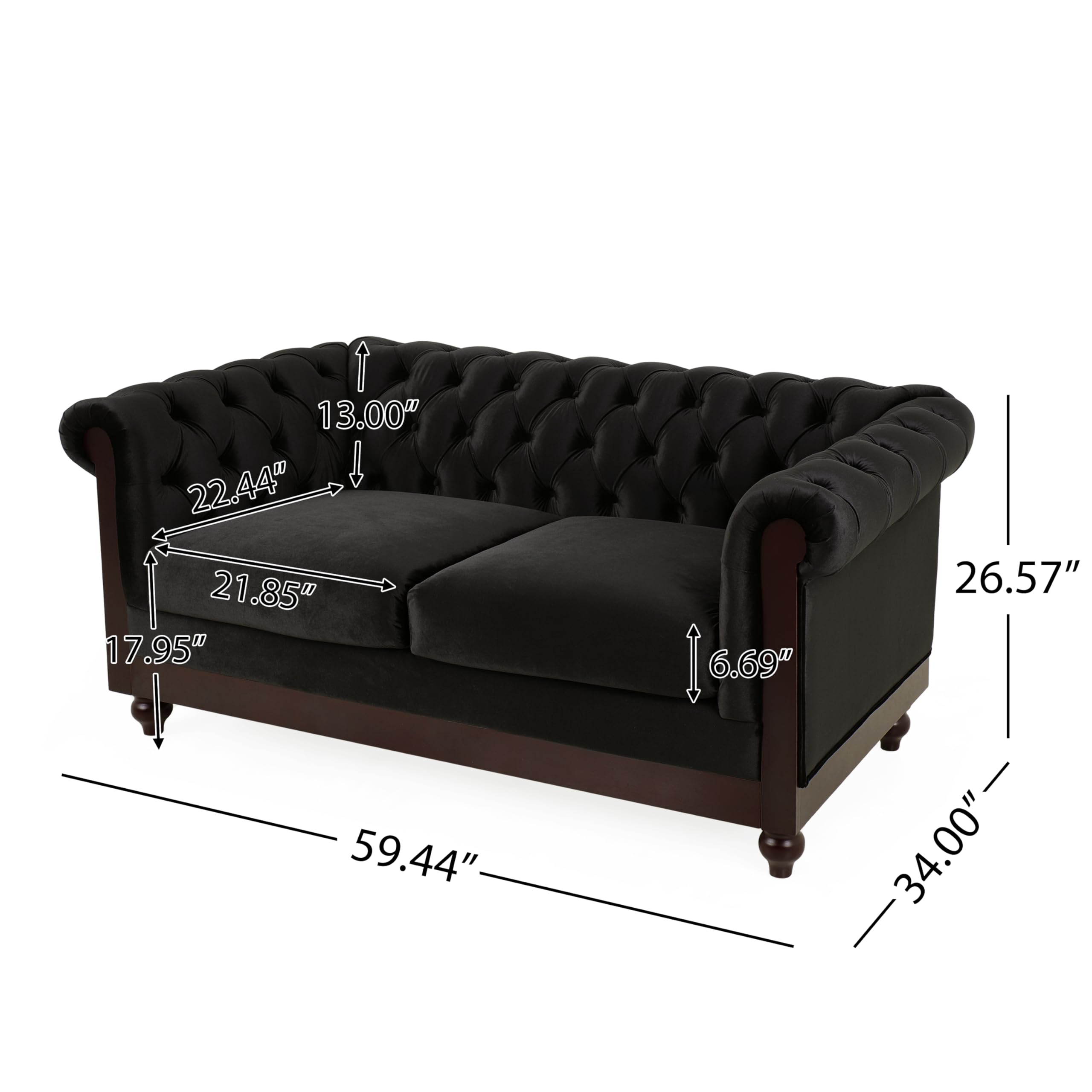 LUMISOL 59" Chesterfield Loveseat with Rolled Arms, Modern Velvet Sofa 2-Seater Tufted Couch with Nailhead and Solid Wood Legs for Living Room, Bedroom, Office, Black