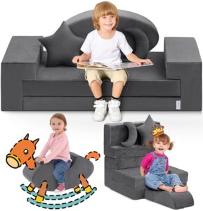 modular kids play couch, kidirect k12 pro diy 400+ creative kids couch for playroom, upgraded play couch convertible rocking horse, sectional kids sofa couch with star moon for kids and toddlers(grey)