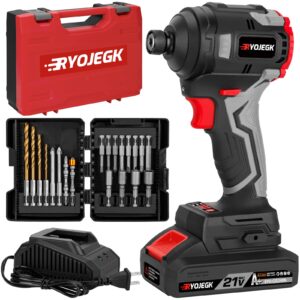 ryojegk compact cordless impact driver set,1/4”hex chuck 250nm(185 ft-lbs) brushless impact drill/driver with 4-speed,2.0ah battery,24pcs set of accessories, llave de impacto eléctrica for home & auto