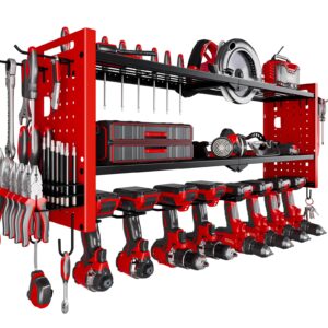 nattydot power tool organizer wall mount,cordless drill hanger storage rack 8 drill holder,3 layers heavy duty power tool storage rackr(red)