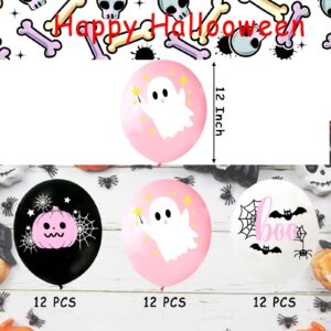 Happy Halloween Balloons, Halloween Pink White and Black Latex Balloons with Cute Ghost, Pink Pumpkin, Black Bat Designs for Halloween Party Favors, Baby Shower, Halloween Birthday Party Decorations