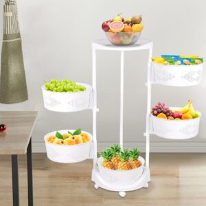 qiutmer rotating storage rack 5 tiers round rotating fruit and vegetable basket kitchen storage rack with universal wheels white for living room kitchen laundry room craft room bathroom