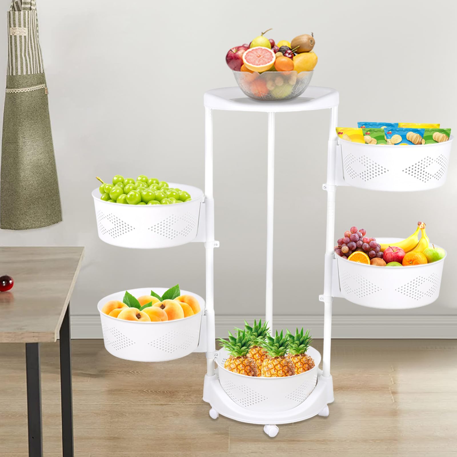 QIUTMER Rotating Storage Rack 5 Tiers Round Rotating Fruit and Vegetable Basket Kitchen Storage Rack with Universal Wheels White for Living Room Kitchen Laundry Room Craft Room Bathroom