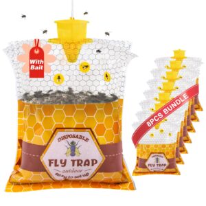 big fly traps outdoor hanging, 8 natural pre-baited fly bag outdoor disposable, fly hunter stable horse ranch fly trap, fly catcher killer repellent control for mosquito bug barn farm patio & camping