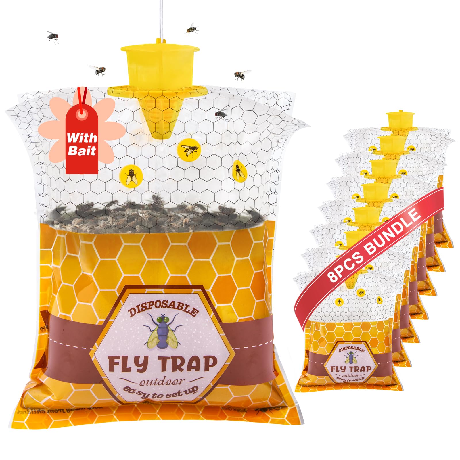 Big Fly Traps Outdoor Hanging, 8 Natural Pre-Baited Fly Bag Outdoor Disposable, Fly Hunter Stable Horse Ranch Fly Trap, Fly Catcher Killer Repellent Control for Mosquito Bug Barn Farm Patio & Camping