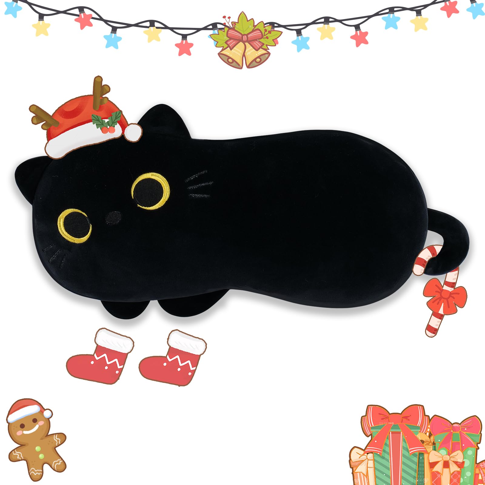 Black Cat Plush Lumbar Pillow, Stuffed Animals Cat Plush Pillow, Cute Cat Travel Pillow Cat Nap Pillow Waist Cushion, Cat Plushie Black Cat Toy Pillow for Kids Gift for Christmas Thanksgiving Birthday