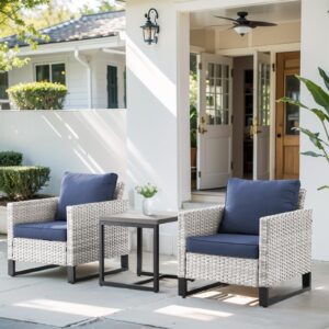 HUMMUH Outdoor Chairs PE Wicker Patio Dining Chairs Set of 2 Metal Frame Porch Chairs with 4 inch Seat Blue Cushions