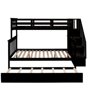 Harper & Bright Designs Twin Over Full Bunk Beds with Twin Size Trundle and Stairs, Wooden Bunk Bed with Storage & Guard Rail for Bedroom, Dorm, for Teens, Adults, Espresso