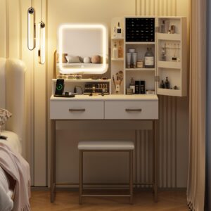 Fameill Vanity Desk with Mirror and Lights, White Makeup Table and Chair Set with 2 Storage Drawers&Cabinet&Shelves, Small Vanity Desk for Bedroom, 3 Lighting Mode