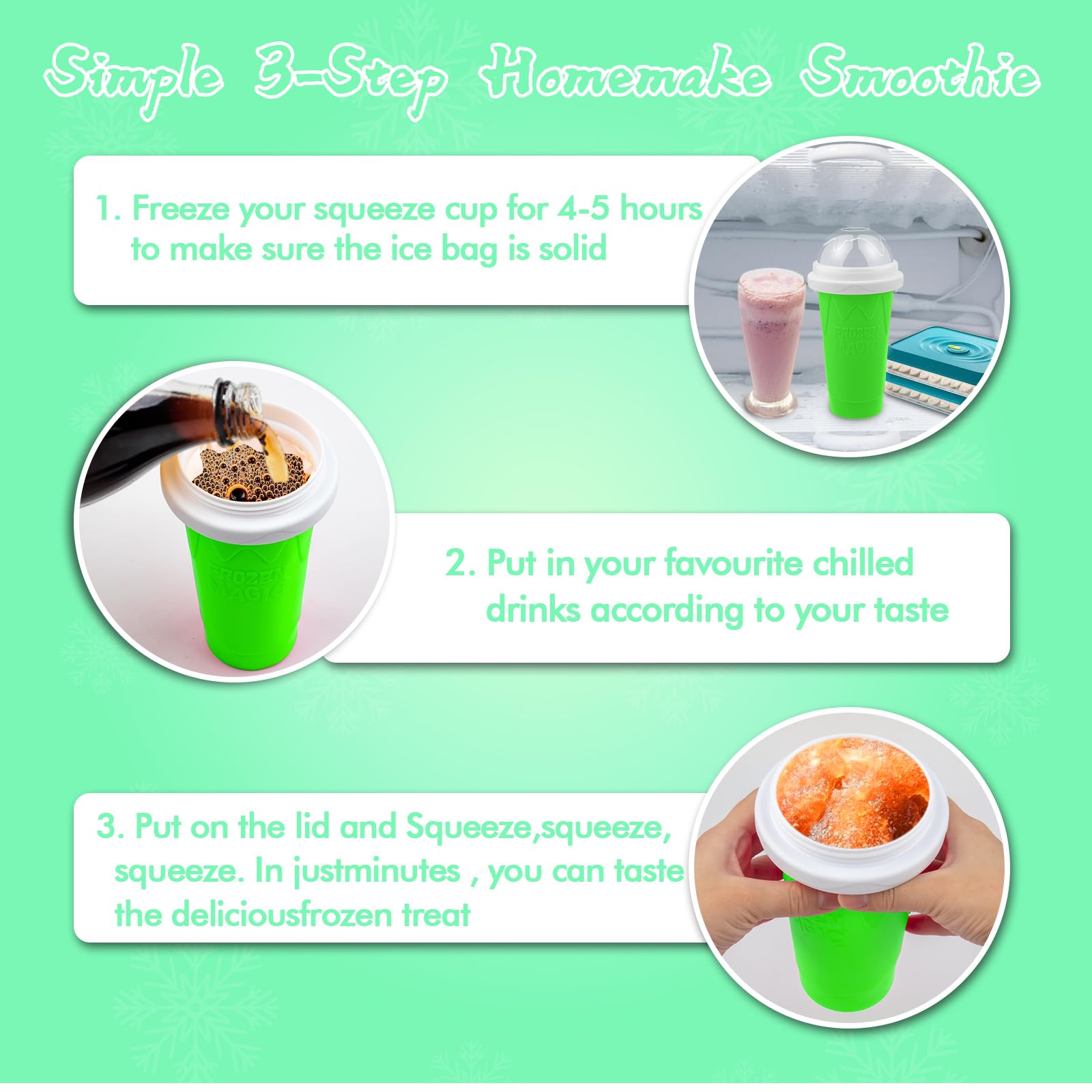 Slushy Maker Cup - DIY Magic Slushy Maker Squeeze Cup, Portable Smoothie Squeeze Cup for Juices, Milk and Ice Cream Make, Double Layers Silicone Slushie Cup with Straw for Friends,Family Gifts (green)