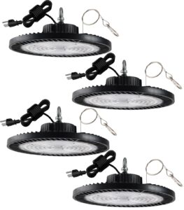 fiqevs 4 pack 400w led high bay lights, 56,000lm plug & play commercial bay lighting, 5000k daylight, ac100-277v, 5' cable, safe rope included, ufo high bay for warehouse shop barn - etl listed