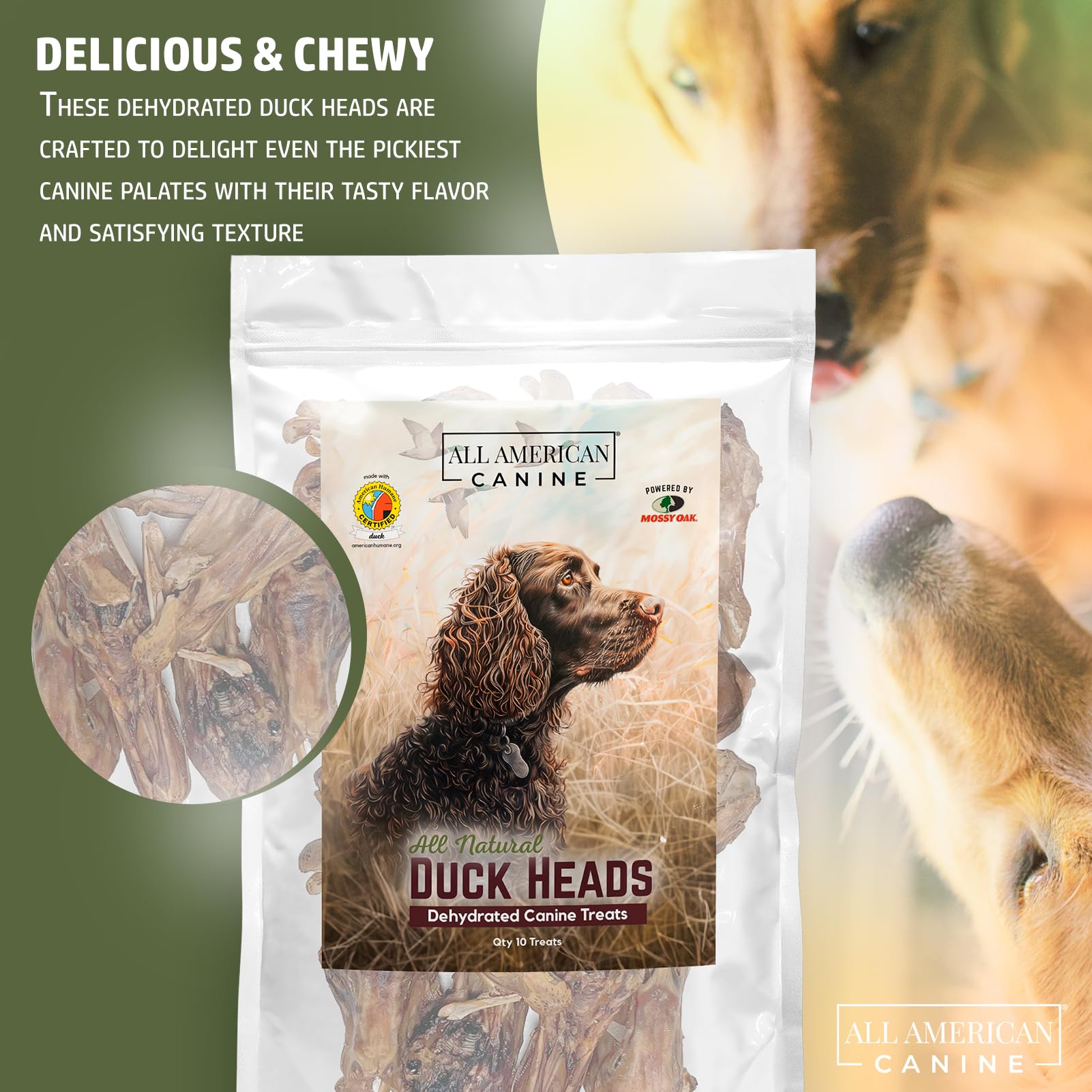 All American Canine Duck Heads Natural Single Ingredient Chewy Digestible Low-Fat Dehydrated Dog Treats for Training, Rewarding, Teeth Cleaning - 10 Treats