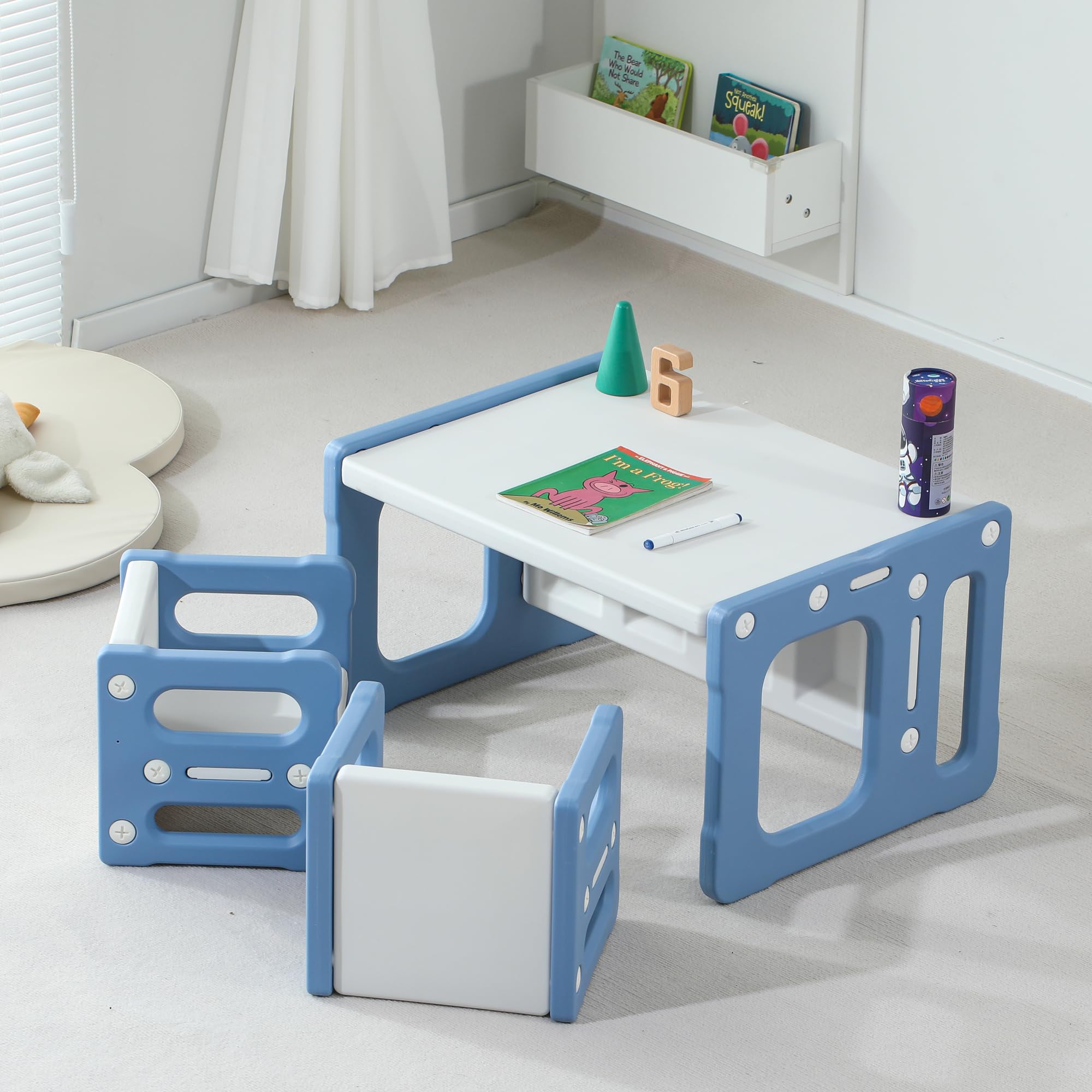 SINKIPA 3 in 1 Montessori Weaning Table and 2 Chairs Set, Kids Table and Chair Set, 2 Height Levels, Toddlers Activity Table for Drawing, Dining, Reading and Playing, Blue