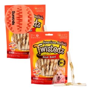 suretails bundle of teeth cleaning durable natural rubber pe, and twistedz american beefhide 5" twist sticks dog chew treats w r, pack of 2