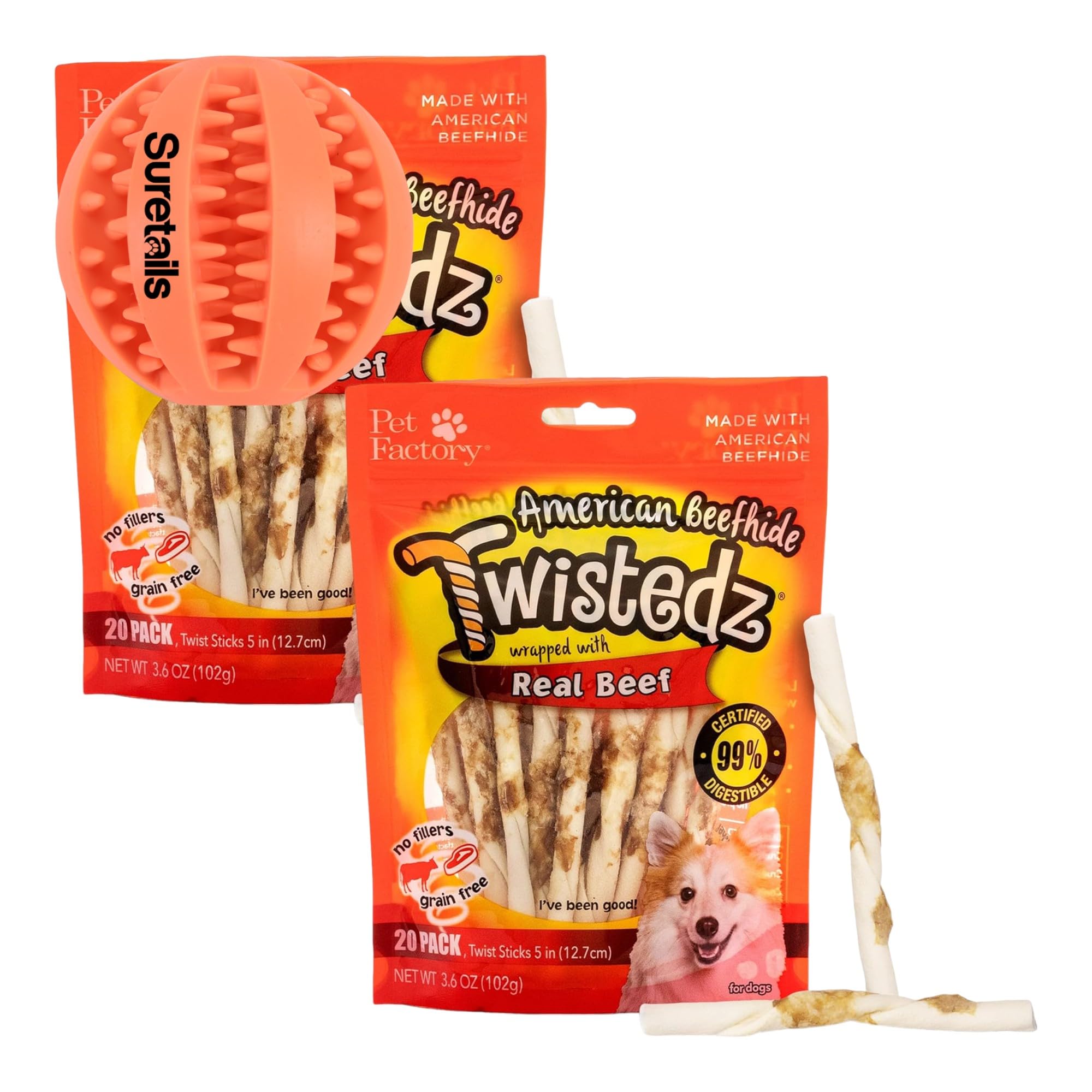 Suretails Bundle of Teeth Cleaning Durable Natural Rubber Pe, and Twistedz American Beefhide 5" Twist Sticks Dog Chew Treats w R, Pack of 2