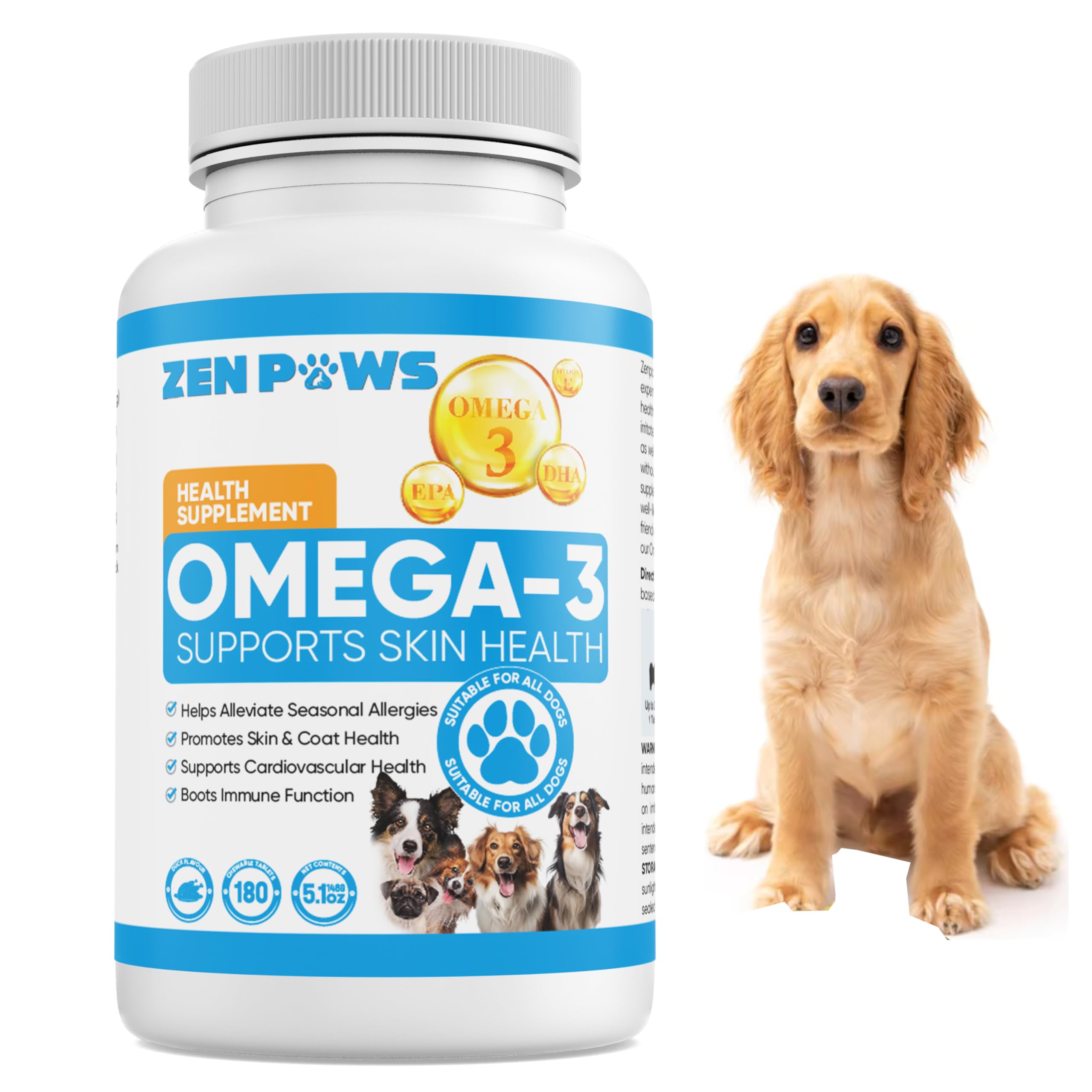 Omega 3 Fish Oil for Dogs - 180 Count Tablet Treats – Helps Shedding, Skin Allergy, Itch and Dry Skin Relief, Hot Spots - Joint Health - Skin and Coat Supplement - Salmon Oil - Duck Flavor