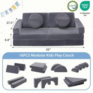 KIDZSOF 16Pcs Kids Couch, Modular Kids Play Couch for Toddlers, 1000+DIY Convertible Kid Sofa for Playroom Bedroom Building Fort, Versatile Foam Kid Play Couch for Child Boys & Girls Baby, Grey