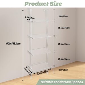 Cutora Acrylic Ladder Bookshelf 9.5" D x 15.6" W x 60" H Clear Bookcase Narrow Display Shelf for Small Space Wall Mounted Storage Rack for Living Room Bedroom Cloakroom Bathroom (4-Tier)